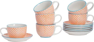 Produktbild von Nicola Spring 12-teiliges handbedrucktes Cappuccinotassen- und Untertassen-Set – 250 ml – Orange