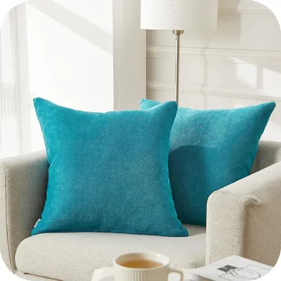 Produktbild von Kissenbezug 45x45 cm 2er Set Türkis Flauschig Chenille Deko Wohnzimmer Sofakissen