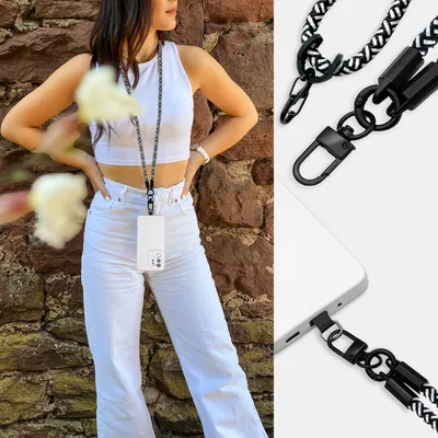 Immagine prodotto di Catena portacellulare Cadorabo per Honor 3 in NERO - BIANCO - Custodia per cellulare con cordino regolabile da appendere al collo