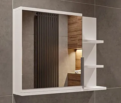 Produktbild von Matt Weiss Badezimmerschrank mit Spiegel und Ablagen, B:60 x H:50 cm Spiegelschrank Bad  1 Tür - Hängeschrank Badezimmer, Rechts