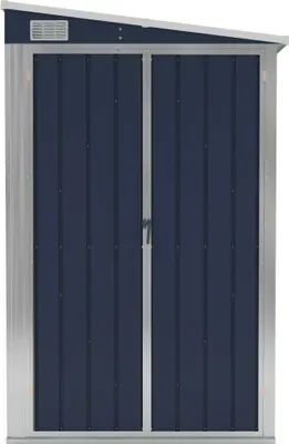 A dark blue shed with double doors and a silver frame.