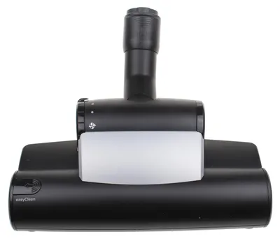 A black vacuum cleaner brush head with a white roller is shown against a white background.