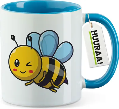 Produktbild von Huuraa Kaffeetasse Biene Comic 330ml Blau Keramik Kaffeebecher Geschenkidee