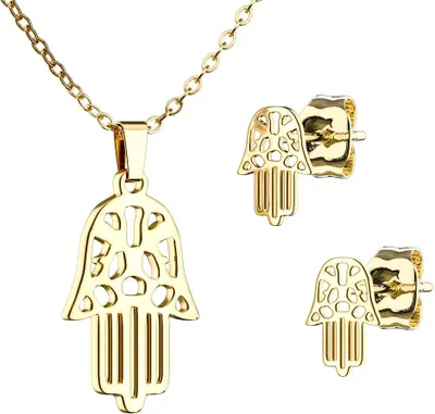 Produktbild von Damen Schmuck-Set Hamsa Hand der Fatima Halskette mit Anhänger Ohrhänger Ohrringe Ohrstecker Geschenk Autiga® gold