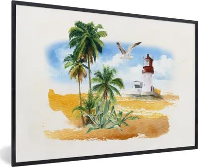 Produktbild von MuchoWow® MuchoWow® Gerahmtes Poster Leuchtturm - Palme - Strand 30x20 cm - Poster mit zchwarzem Bilderrahmen - Kunstdruck - Bild-Poster