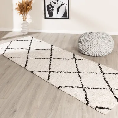Produktbild von Volero - Hochflor Läufer - Grand Lines Creme Schwarz - 80x200 cm - Schlafzimmer, Flur - Industrielle, Modern, Skandinavisch