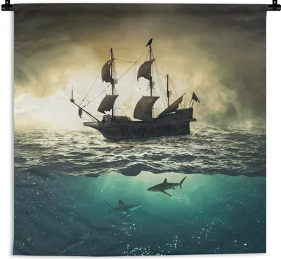 Produktbild von MuchoWow® Wandteppich Wandbehang Meer - Boot - Hai 150x150 cm Tapisserie Dekoration Wandtuch - Wohnaccessoires - Modernes