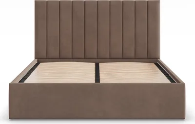 Produktbild von Polsterbett POLLA 160x200 mit Holzlattenrost, Doppelbett ohne Bettkasten, Bettgestell mit gepolstertem Kopfteil Braun Samt
