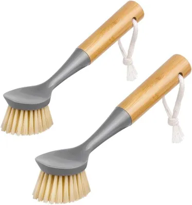 Produktbild von 2er-Pack Bambus Reinigungsbürste, Bambusgriff, für Geschirr, Töpfe, Pfannen, Spüle