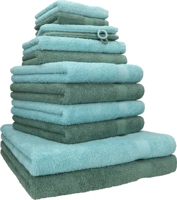 Produktbild von Betz 12-tlg. Handtuch-Set PREMIUM 2 Duschtücher 4 Handtücher 2 Gästetücher 2 Seiftücher 2 Waschhandschuhe  Farbe: ocean / tannengrün