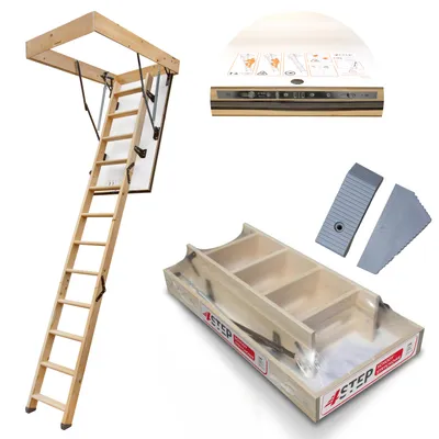 A collage of images showing a wooden attic ladder, packaging for the ladder, and some accessories.