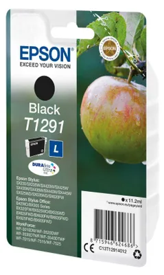 Zdjęcie produktu dla Epson Apple Atrament T1291 Jabłko DURABrite Ultra, pojedyncze opakowanie, czarny, Czarny, Tusz na bazie pigmentu, 11,2 ml, 1 szt., 385 stron(y)