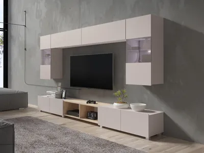 Produktbild von Wohnwand CALABRINI-24 Wohnzimmer-Set Hängewohnwand Schrankwand Schrank TV-Schrank Vitrine mit LED-Beleuchtung Moderne Anbauwand (Kaschmir / Artisan Eiche)