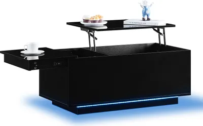 A black lift-top coffee table with a pull-out tray, displayed on a white background with blue LED lighting underneath.