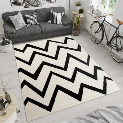 Produktbild von Teppich Wohnzimmer Schlafzimmer Kurzflor Modern Design Geometrisch Zick Zack Streifen Gestreift Creme Schwarz  160 x 220 cm