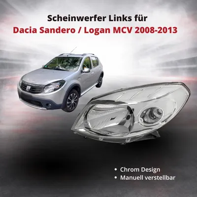 Obrázek produktu pro Přední světlomet, levý, pro Dacia Sandero / Logan MCV 2008–2013 | Chrom | ručně nastavitelný | OEM 8200733878