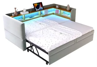 Obrázok produktu pre Rozťahovacia pohovka s úložným priestorom, rozmer 90x190 cm, po rozložení 180x190 cm, čalúnená posteľ svetlosivej farby s LED osvetlením a zásuvkou, určená do spálne