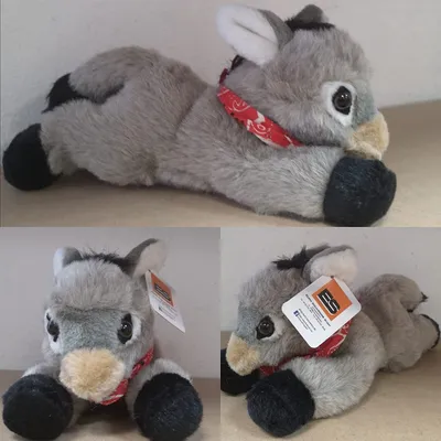 A collage of three images showing a plush donkey toy from different angles.