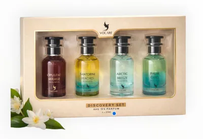Produktbild von Volare Discovery Set 4×25 ml Eau de Parfum Unisex – Arctic Breeze, Palm Chill, Santorini Beaches, Opulent Mirage – Parfum Geschenkset