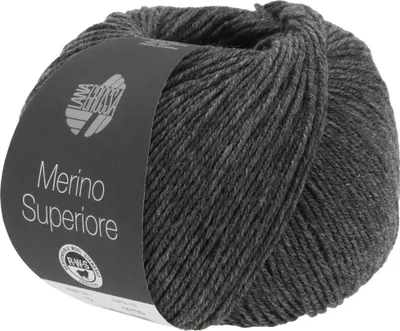 A ball of dark gray wool yarn with a label.