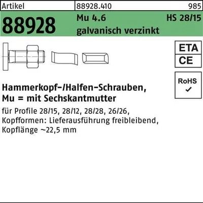 Produktbild von Hammerkopfschraube R 88928 Typ 28/15 6-kantmutter M 6 x 20 Mu 4.6 galvanisch verzinkt