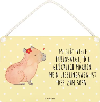 Produktbild von Mr. & Mrs. Panda Schild Capybara Blume DIN A5 - Gelb Pastell - Geschenk, Holzschild, Türschild, wandtafel, holzbild, Lustige Sprüche, kleine aufmerksamkeit