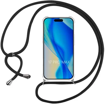 Image de Coque pour iPhone 17 Pro Max, Protection Silicone Transparent Coin Renforcé avec Cordon Noir