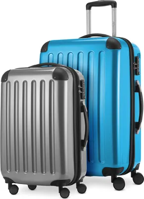 Produktbild von Alex - 2er Set Handgepäck + Mittelgroßer Koffer, Kofferset Resekofffer Trolleys Hartschale Polycarbonat glänzend,Cyanblau-Silber