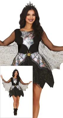 Productafbeelding van Spinnenkostuum voor dames, zwart jurk met vleugels en glanzend spinnenweb, geschikt voor Halloween, carnaval of andere feestelijke gelegenheden. Maat: 42 - 44 (L). Kleur: Zwart