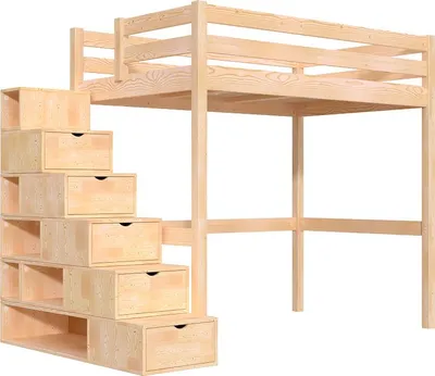 Produktbild von Hochbett holz mit Treppenregal Sylvia - 120x200 - Naturlack