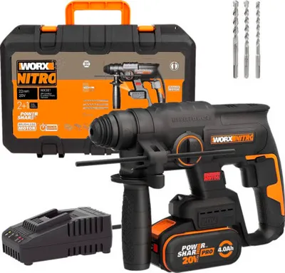Obrázek produktu pro Aku vrtací kladivo s příklepem WORX Nitro 20V 2 Joule WX381, bezuhlíkový motor, včetně aku 1 x 4Ah, nabíječky a kufru