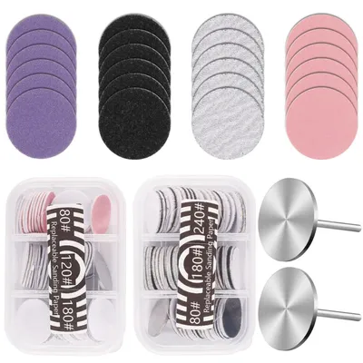 Image de Kit de disques abrasifs pour pédicure, comprenant 120 pièces de différents grains (80, 120, 180, 240) et 2 mèches métalliques de 25 mm pour appareil électrique d'élimination des callosités