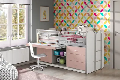 Produktbild von Vipack Bonny - Multifunktionales Hochbett für Kinder, Weiß/Rosa, mit Spielbett, Absturzsicherung, beidseitig montierbarer Leiter, integriertem Schreibtisch und Stauraum (2 Türen, 2 offene Fächer, 3 Schubladen), aus MDF und Metall, 222x116x98 cm (BxHxT), max. Matratzenhöhe 20 cm, nach EN 747 1+2 gebaut