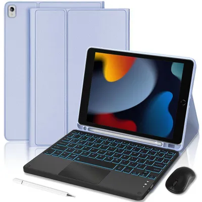 Image de Coque Clavier pour iPad 10,2" (7/8/9ème Gen) Effet Cuir Lavande avec Clavier Rétroéclairé + Souris Sans Fil + Stylet