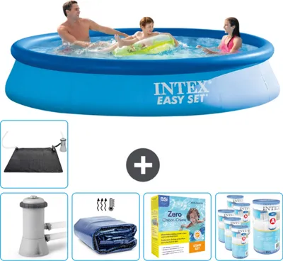 Produktbild von Intex runder aufblasbarer Easy Set-Schwimmpool – 366 x 76 cm – Blau – inklusive Pumpe Sonnensegel - Wartungspaket - Filter - Solarmatte