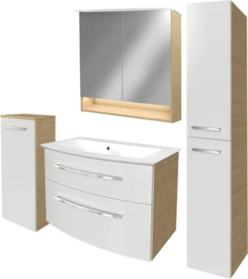 Produktbild von Fackelmann B.STYLE Badmöbel Set 5-teilig, 83 cm, Weiß/Braun + LED-Spiegelschrank + Midischrank links + Hochschrank rechts