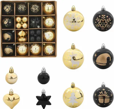 A collection of black and gold Christmas ornaments arranged in a box and displayed individually.