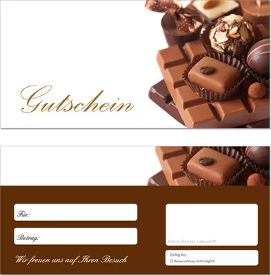 Produktbild von 100 Stück Geschenkgutscheine (Schokolade-653) - Konditorei Gutscheinkarten Gutscheine für Bereiche Gastronomie, Konfiserie, Catering, Patisserie, für Pralinen, Konfekt, Kuchen, süßes Gebäck, Torten, für Anläße wie Hochzeiten und Feiern