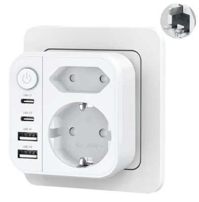 Immagine prodotto di Adattatore da viaggio 6 in 1 per il Regno Unito, con 2 porte USB, 2 porte USB-C e prese di tipo G – Bianco, adattatore da Europa a Regno Unito