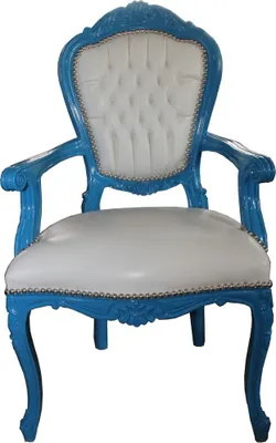 Produktbild von Barock Esszimmerstuhl Blau / Weiß Lederoptik mit Armlehnen