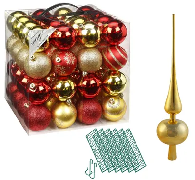 Produktbild von JACK 64x Kunststoff Christbaumkugeln Ø 6cm + Spitze 28cm inkl. Aufhänger Kugeln Red-Gold-Mix