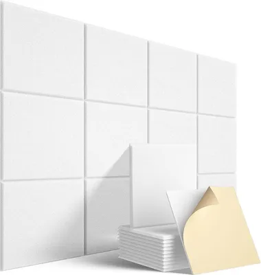 A stack of white acoustic panels with one panel peeled back to show the adhesive backing, arranged in front of a wall covered in similar panels.