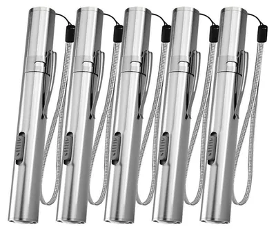 Produktbild von 5 Stück LED Mini-Taschenlampe, Wiederaufladbares USB Penlight aus Edelstahl, wasserdicht mit Taschenclip & Kabel, ideal für Medizin & Mechaniker
