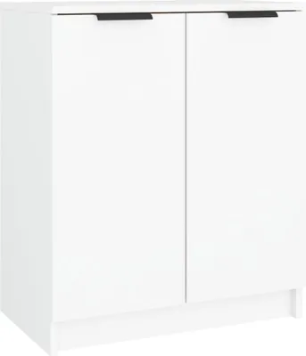 A white two-door cabinet with black handles, shown from the front against a white background.