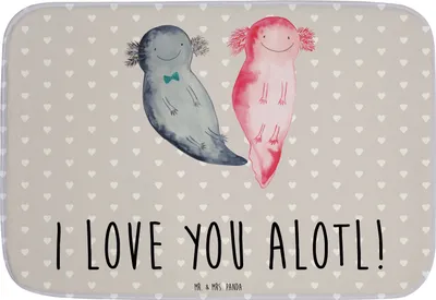 Produktbild von Mr. & Mrs. Panda Badvorleger Axolotl Liebe - Grau Pastell - Geschenk, Badematte, Duschvorleger, Freund, für Frauen, Badteppich, Valentinstag, Hochzeitstag, Freundin
