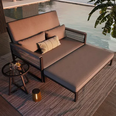 Produktbild von MODFU Loungesofa Modular,Gartenliege mit geflochtenen Armlehnen aus Eisen, 2-4 Personen,Freizeitsofa mit Glas-Couchtisch & Polstern,Grau