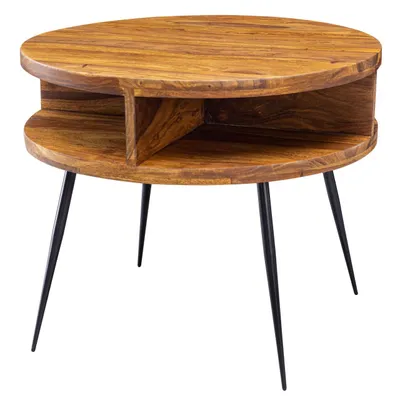 Produktbild von Couchtisch Sheesham Massivholz / Metall 60x45x60 cm Tisch Wohnzimmer, Design Beistelltisch mit Ablage, Kleiner Wohnzimmertisch Rund Braun