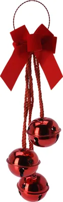 A red Christmas decoration with a bow and three bells hanging from strings.