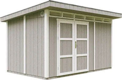 Imagen del producto de Casa de jardín de alta calidad, 8,7 m², con suelo y tejas de betún. Cobertizo para herramientas, dimensiones: 412 cm de ancho x 279 cm de largo x 239 cm de alto. Cabaña de jardín TIMBELA modelo M904A, color gris TUNDRA