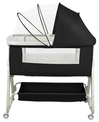 Produktbild von 4-in-1 Baby Beistellbett - Kinderbett - 6-fach höhenverstellbar - Mit Matratze - 15° Neigung - Rollen mit Bremse - Für 0–24 Monate - Schwarz